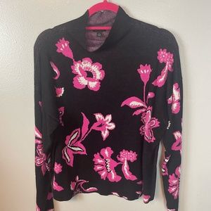 Ann Taylor Black Pink Floral Sweater Womens XL Long Sleeve Work Casual Spring